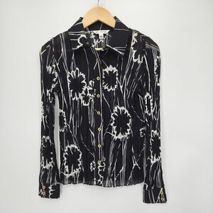 St. John Button Front Shirt Semi Sheer Silk Stretch Black White Floral Size 4
